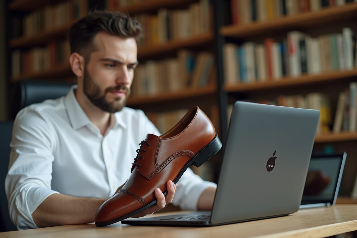 Homme comparant une chaussure en cuir avec un tableau de conversion de pointure UK sur un ordinateur portable