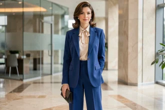 Femme en costume années 80 revisité pour une soirée d'entreprise, blazer bleu cobalt et pantalon taille haute dans un hall de bureau moderne
