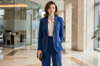 Femme en costume années 80 revisité pour une soirée d'entreprise, blazer bleu cobalt et pantalon taille haute dans un hall de bureau moderne