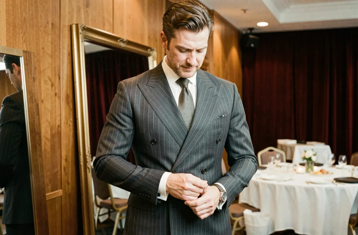 Homme en costume années 80 modernisé, costume croisé à rayures craie et cravate géométrique, lors d'une soirée professionnelle en entreprise