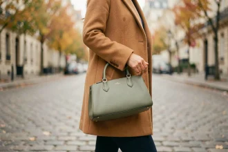 Femme élégante tenant un sac en cuir vert sauge structuré dans une rue pavée parisienne en automne, tendance couleur sac 2026