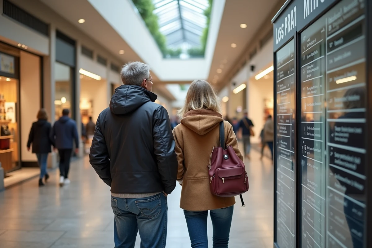 Couple examine un plan du centre commercial intérieur