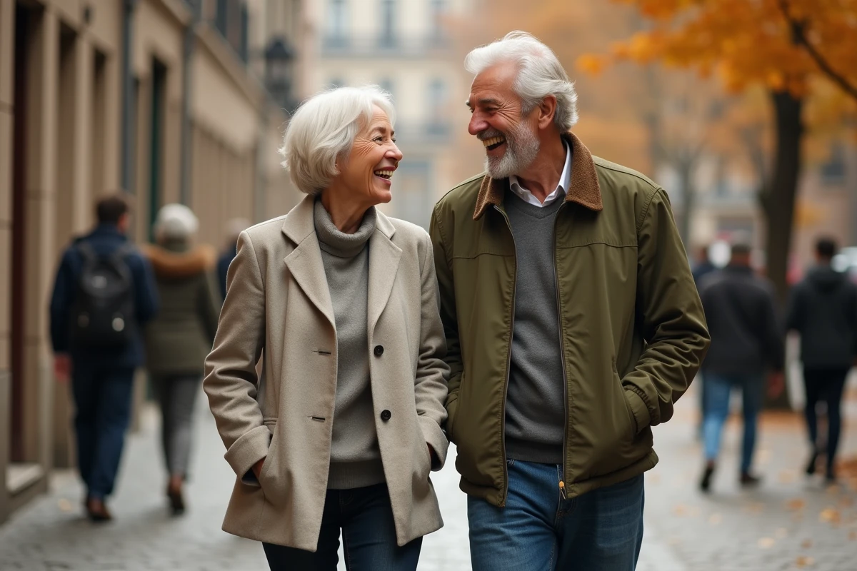 Couple de mannequins seniors se promenant dans une rue pavée européenne en automne pour shooting éditorial