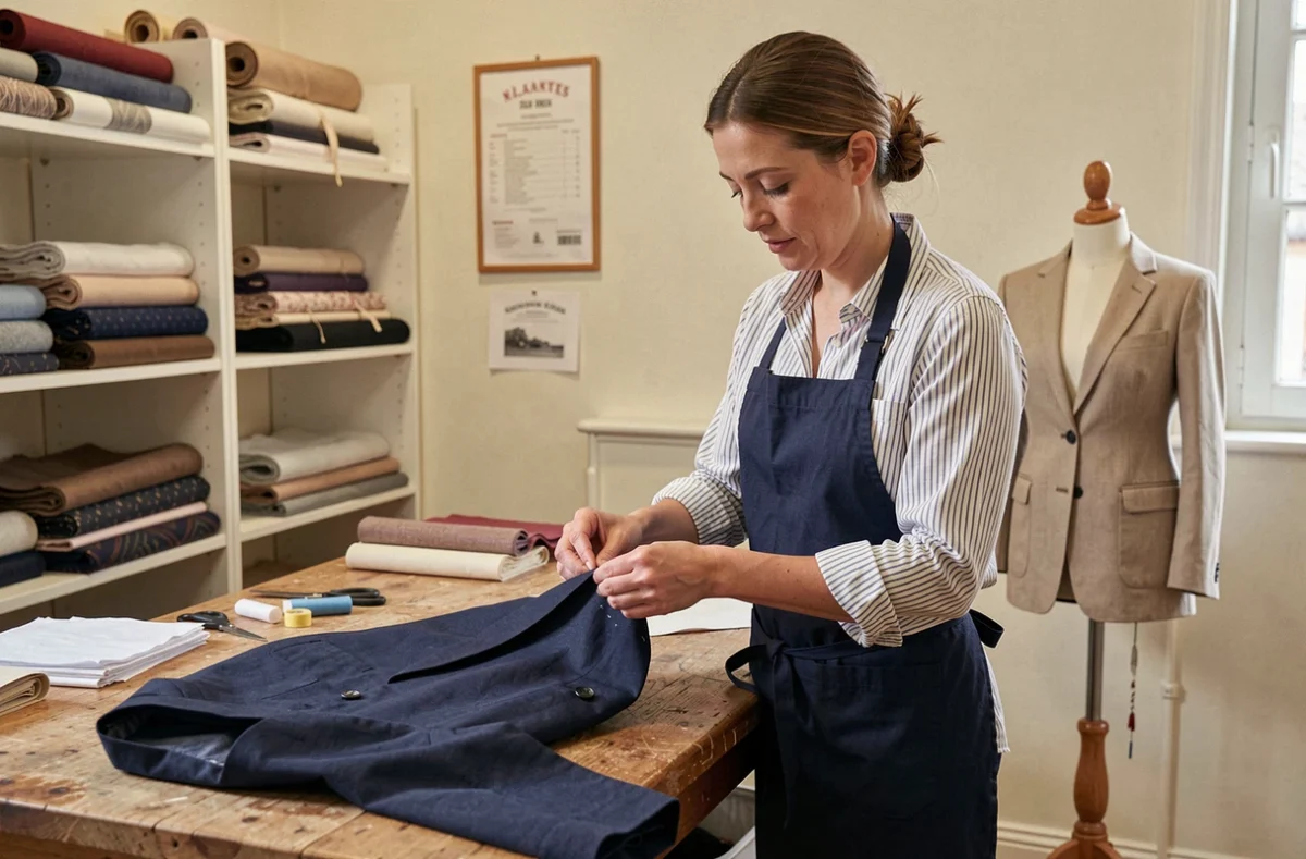 Tailleuse de la boutique Couture Création à Nantes cousant à la main un ourlet sur un blazer dans son atelier