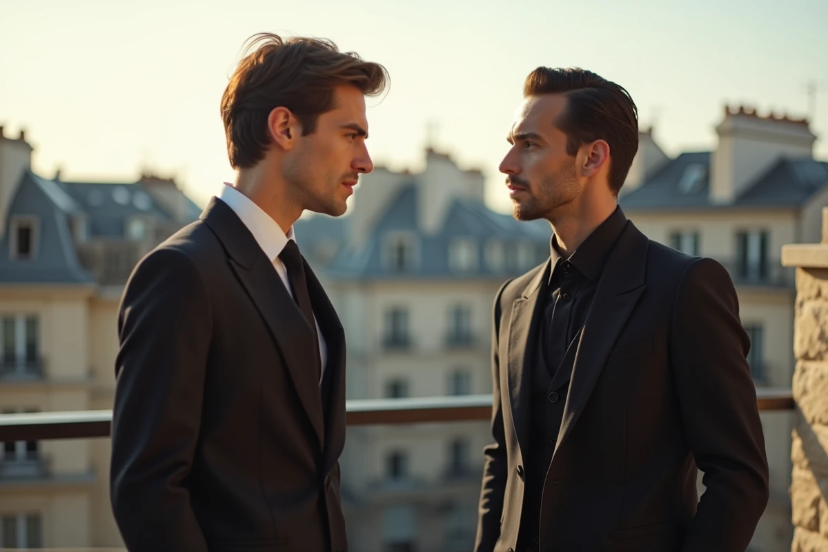 Jeune couturier observant un modele sur un toit parisien