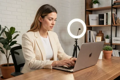 Jeune créatrice de contenus travaillant sur son ordinateur portable dans un studio moderne et esthétique, illustrant la transformation d'une passion en business rentable