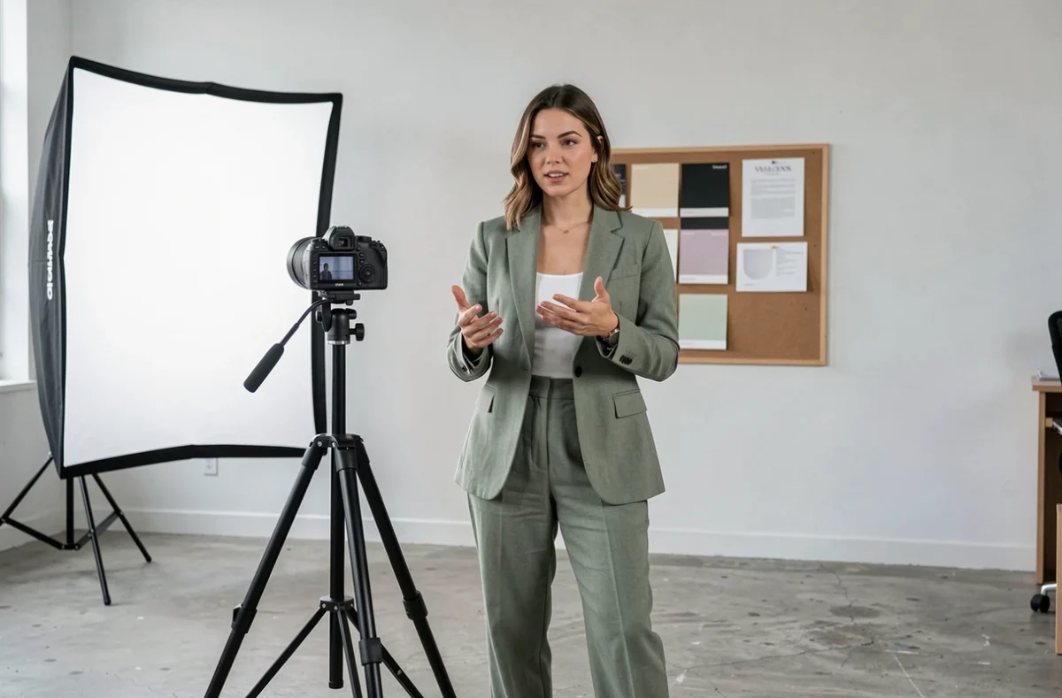 Créatrice de contenus professionnelle en train de filmer une vidéo dans un loft minimaliste, montrant les coulisses de la monétisation de son activité