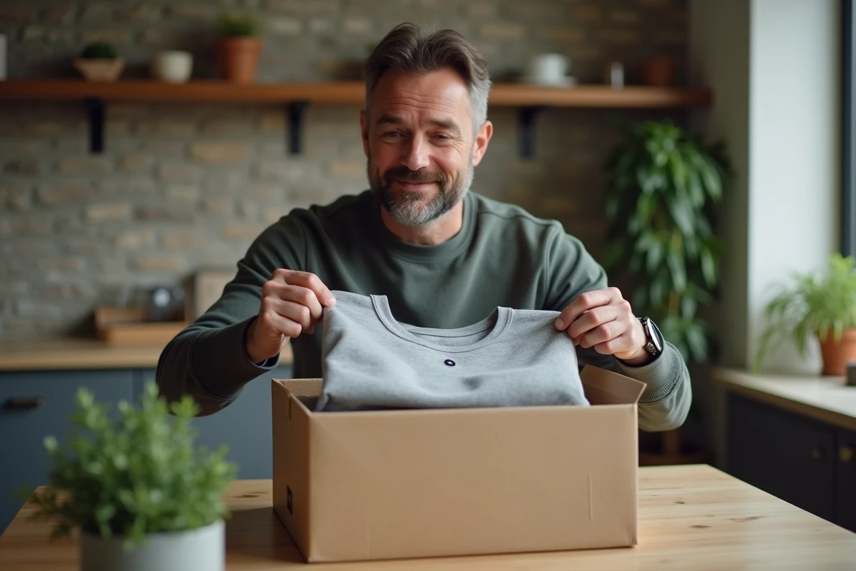 Homme déballant une commande Sonstiges Clothing reçue à domicile, sweatshirt gris sur table de cuisine, expérience d'achat en ligne