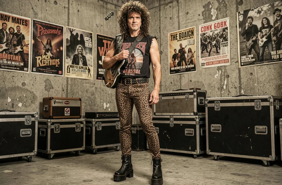 Homme déguisé en star du glam metal années 80 avec pantalon léopard et guitare électrique en coulisse devant des affiches de tournée vintage