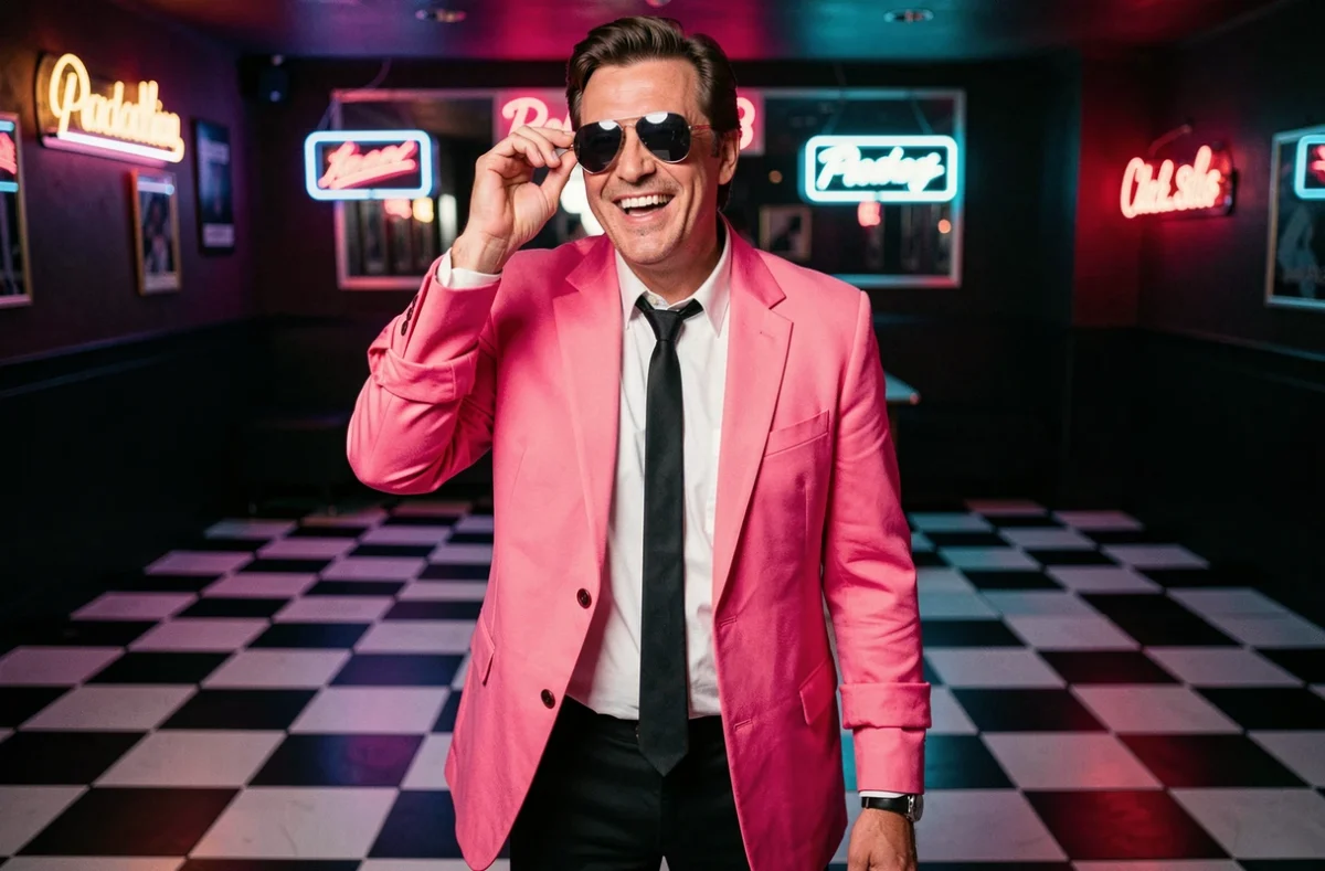 Homme en costume pop star années 80 avec blazer rose fluo et lunettes aviator dans une discothèque vintage au sol en damier
