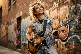 Homme déguisé en rockstar des années 80 avec jean acid-wash, veste en jean sans manches et perruque mulet devant un mur de graffitis urbains