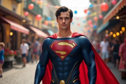 Homme déguisé en Superman au carnaval avec cape rouge et costume bleu dans une rue festive animée