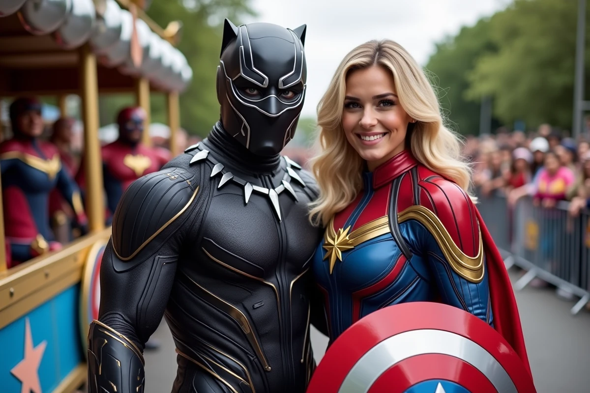 Deux amis déguisés en Black Panther et Captain Marvel lors d'un défilé de carnaval coloré