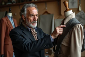 Designer homme en atelier ajustant une robe de soirée