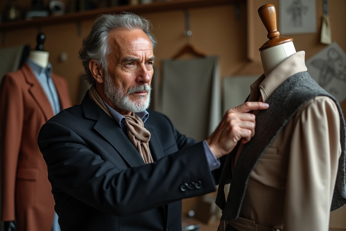 Designer homme en atelier ajustant une robe de soirée