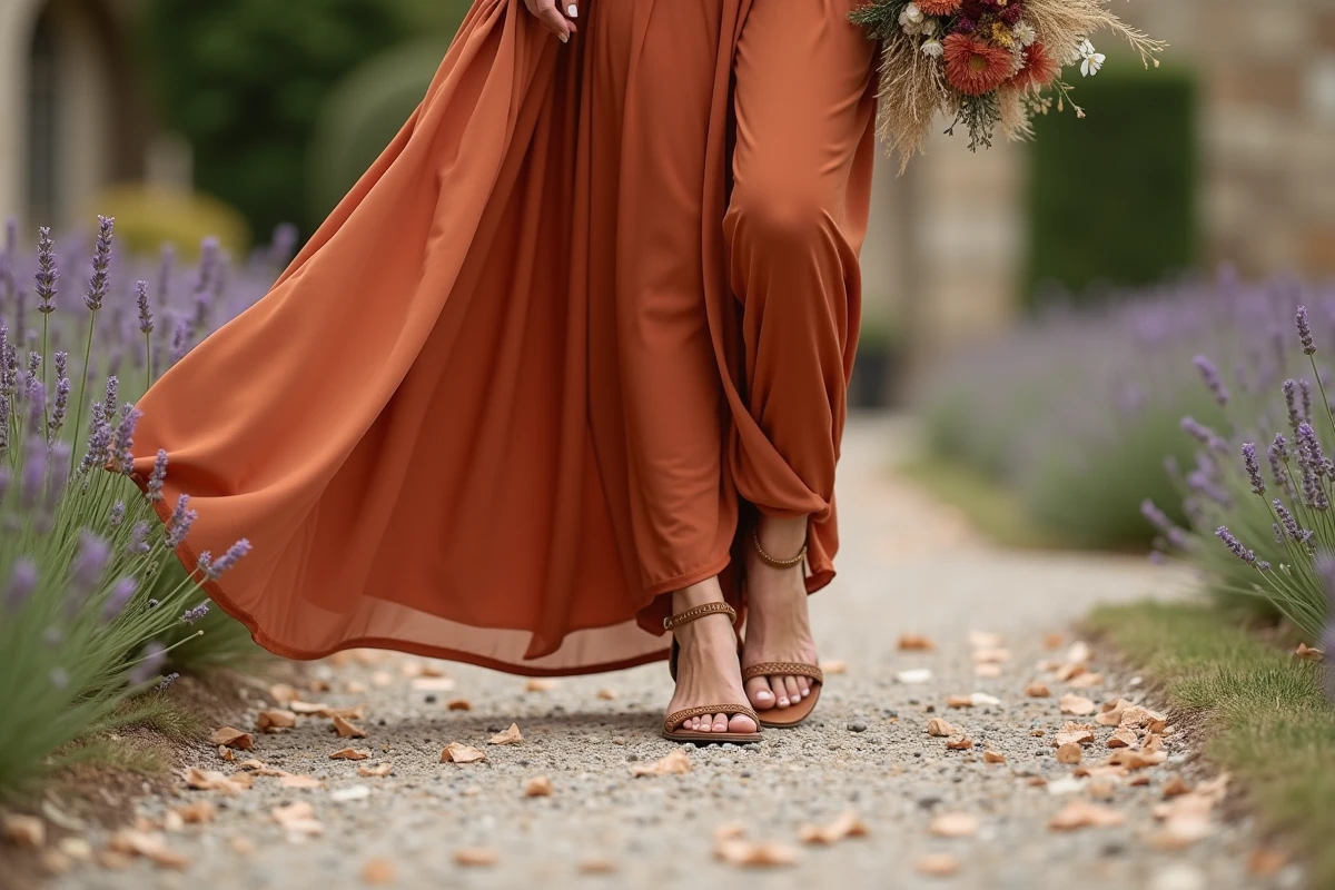 Détail robe longue terracotta en chiffon avec sandales et bouquet séché pour mariage champêtre