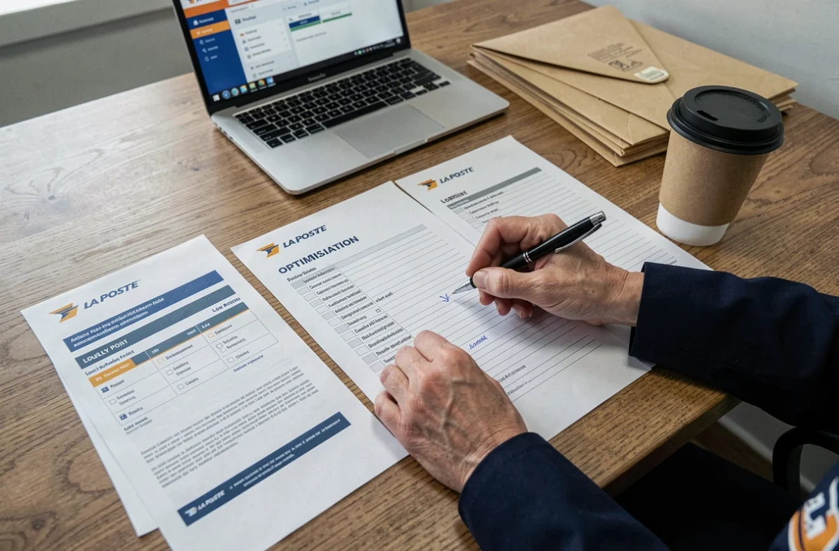 Mains d'une postière triant des documents et catalogues de la campagne habillement La Poste pour optimiser ses points