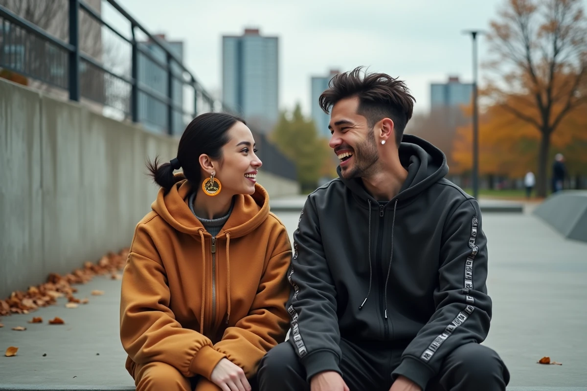 Deux amis en tenue streetwear manga assis sur des marches urbaines portant des boucles d'oreilles inspirées Dragon Ball, style éditorial