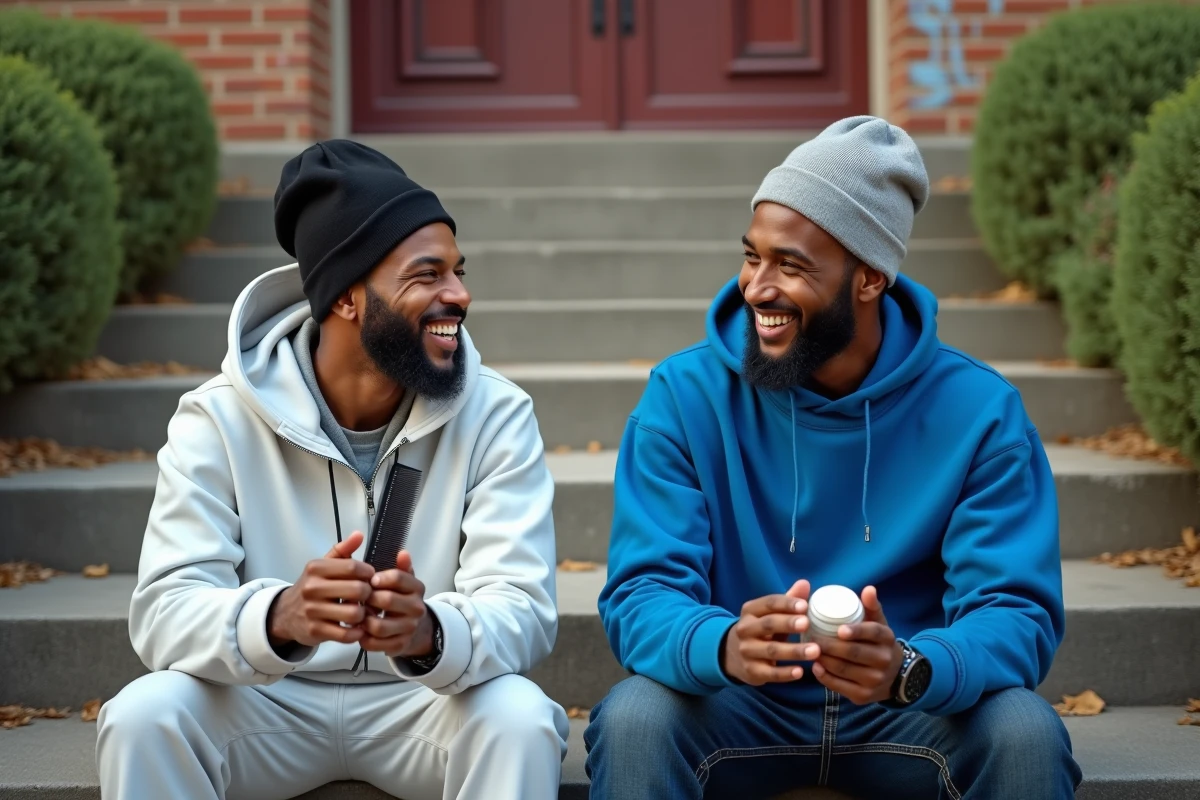Deux jeunes hommes assis sur des marches en béton urbain, portant chacun un durag recouvert d'un wave cap, tenant des accessoires de coiffure et discutant de leur progression de waves