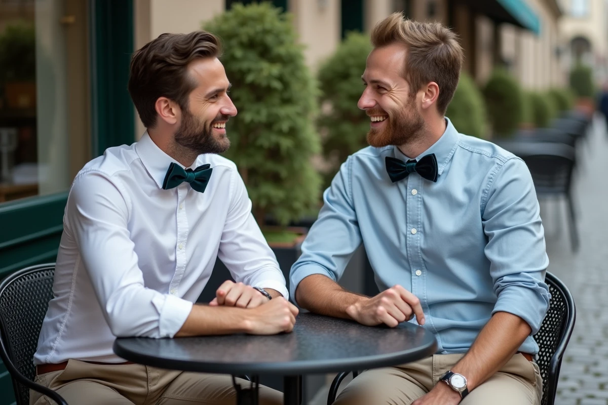 Deux hommes portant des nœuds papillons originaux en velours et coton à la terrasse d'un café parisien