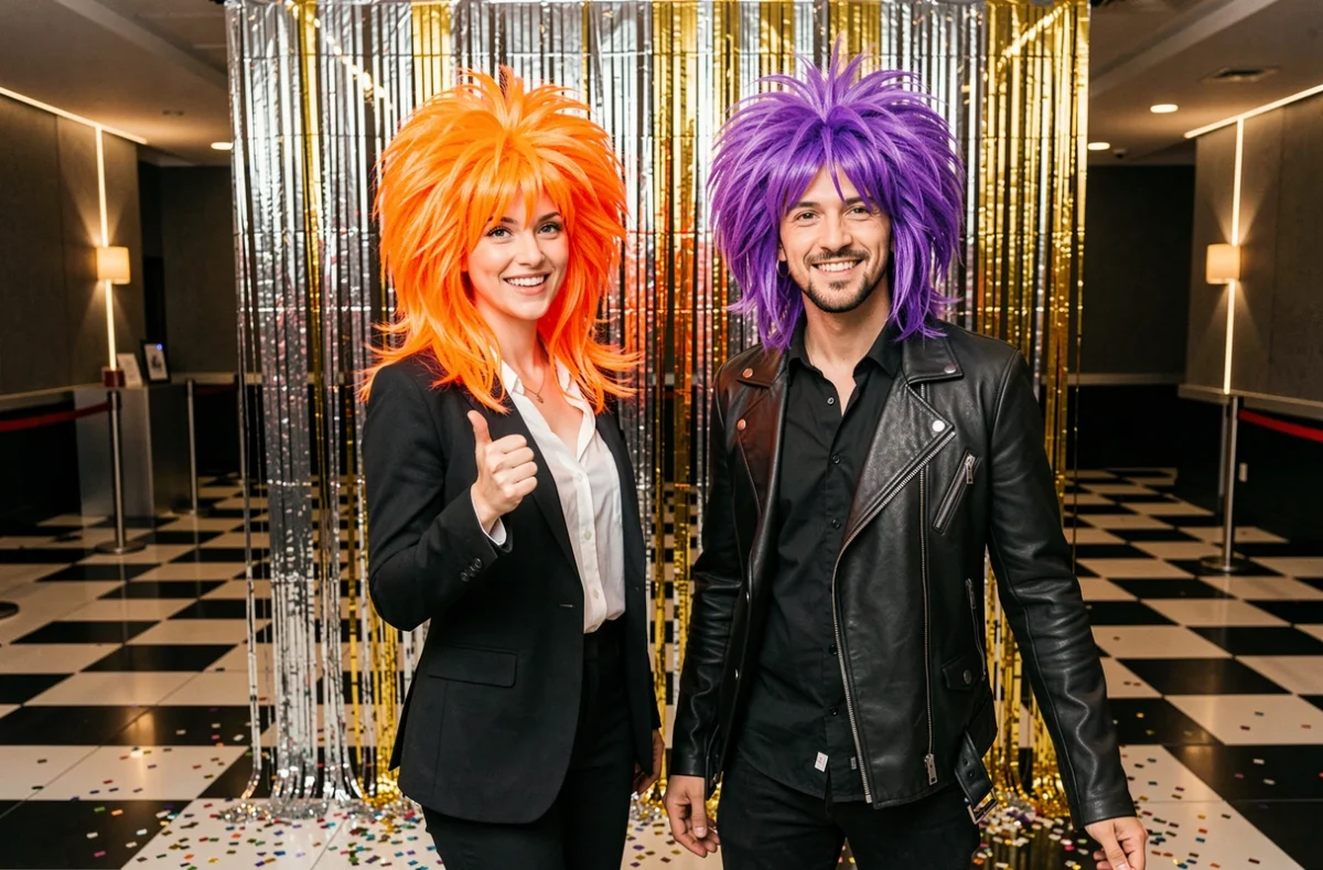 Deux amis en perruques mulet fluorescentes orange et violette devant un photobooth lors d'une soirée disco 2026 avec sol en damier et rideaux de streamers argentés