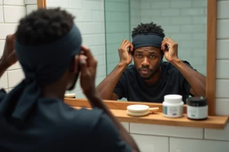 Jeune homme portant un durag en soie noire recouvert d'un wave cap marine, appuyant les deux mains sur sa tête devant un miroir de salle de bain pour optimiser ses waves