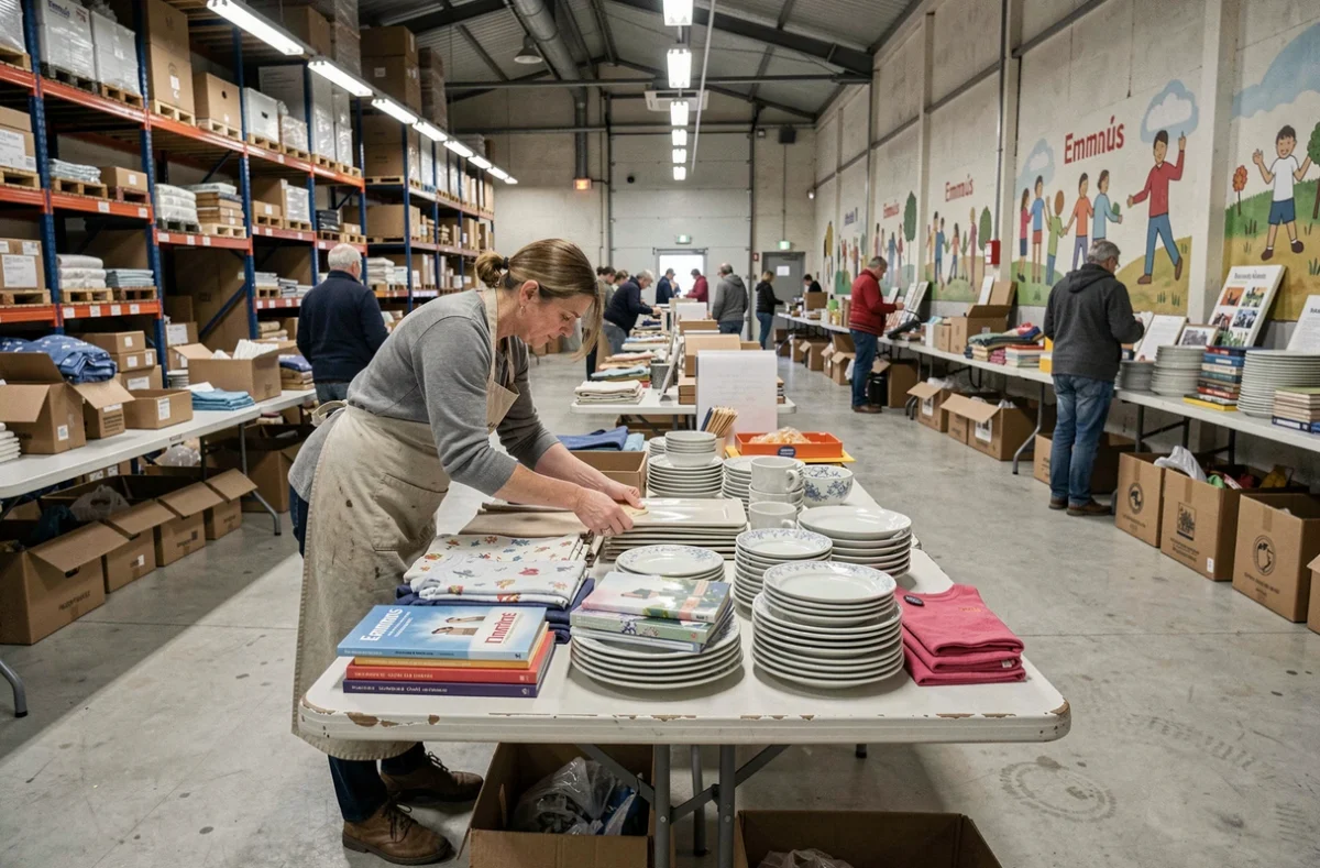 Espace de tri et de vente solidaire de l'Emmaüs Coup de main à Montreuil avec bénévoles et articles d'occasion
