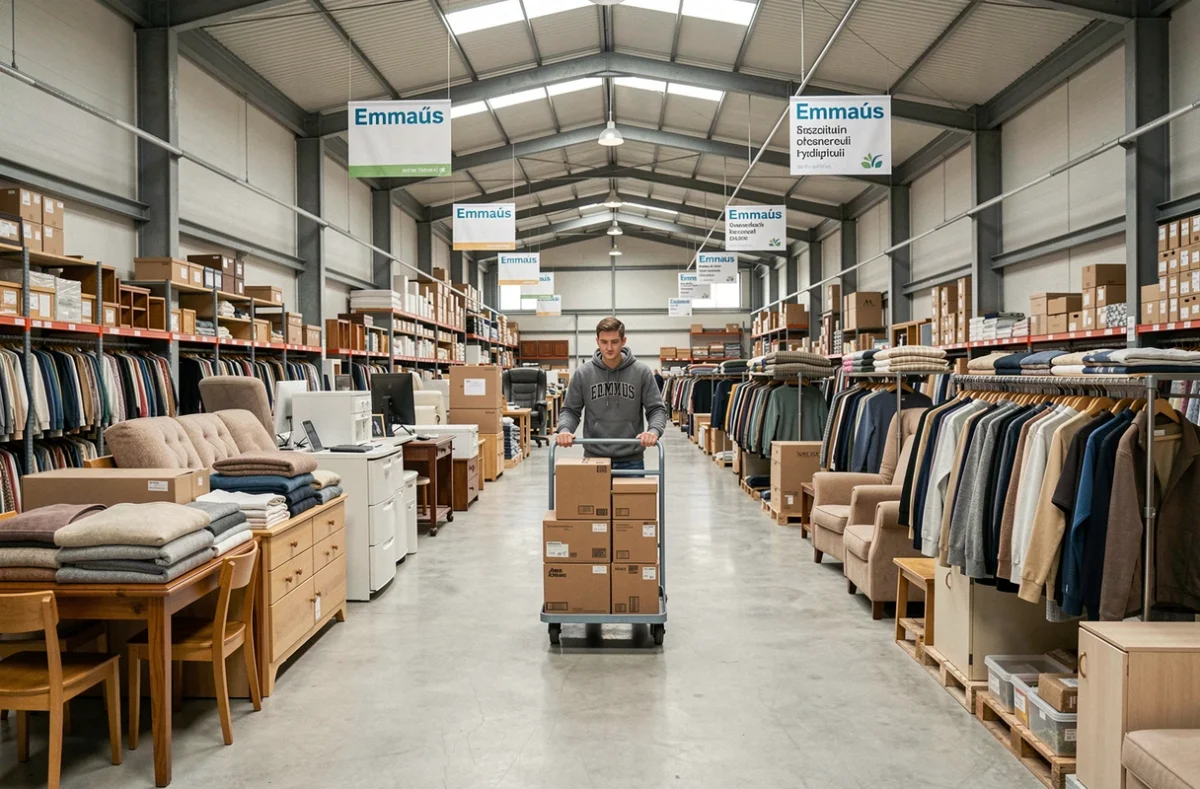 Vaste entrepôt de revente d'Emmaüs Défi à Montreuil avec mobilier et vêtements d'occasion organisés en rayons