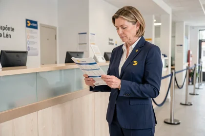 Employée La Poste en uniforme consultant une brochure de points fidélité au comptoir d'un bureau de poste moderne