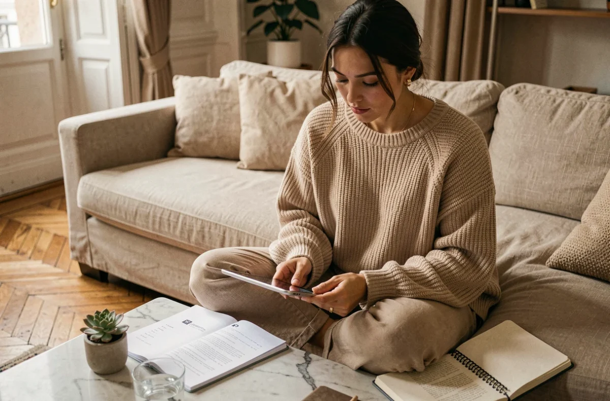 Jeune femme entrepreneuriale révisant sa stratégie de contenu et ses partenariats de marque depuis son appartement parisien cosy