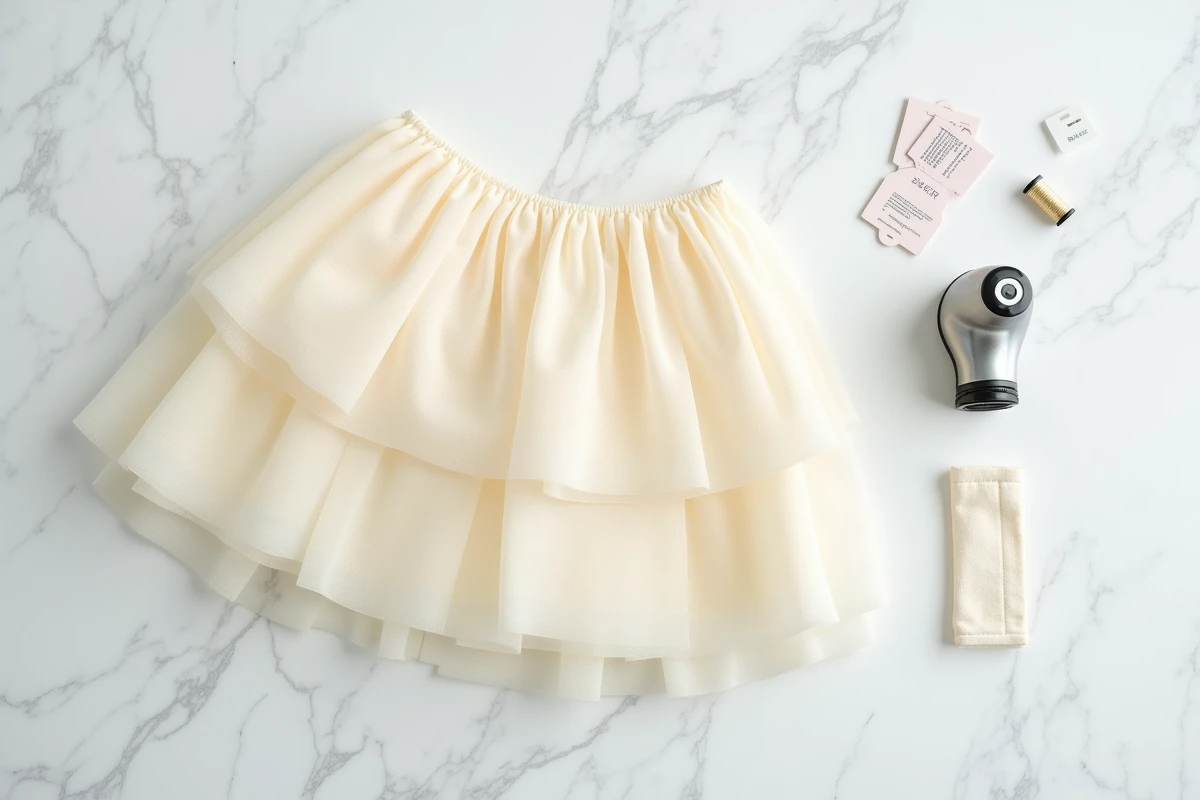 Pose à plat d'un jupon en tulle crème avec accessoires d'entretien couture sur marbre blanc