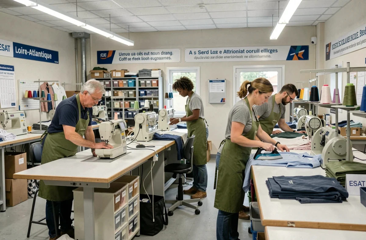 Équipe de l'ESAT La Belle Ouvrage en Loire-Atlantique travaillant ensemble dans un atelier professionnel de retouche et repassage