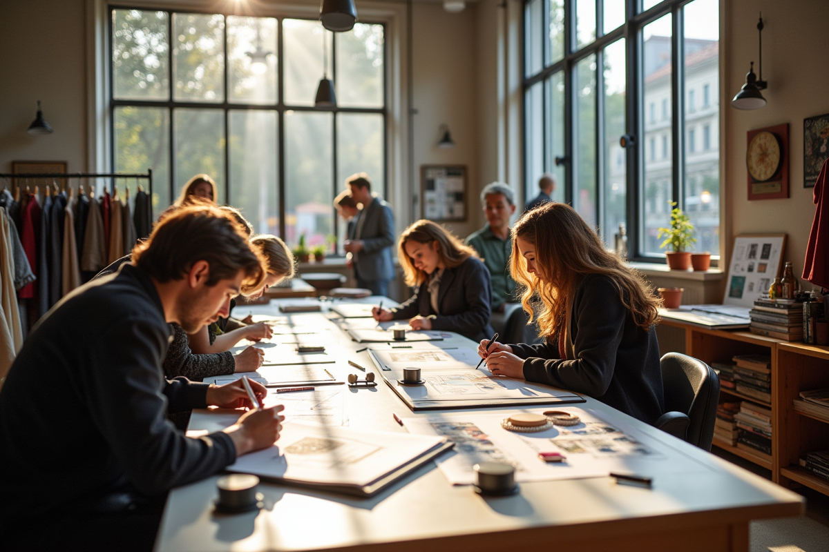 Espace de travail créatif avec designers et magazines de mode