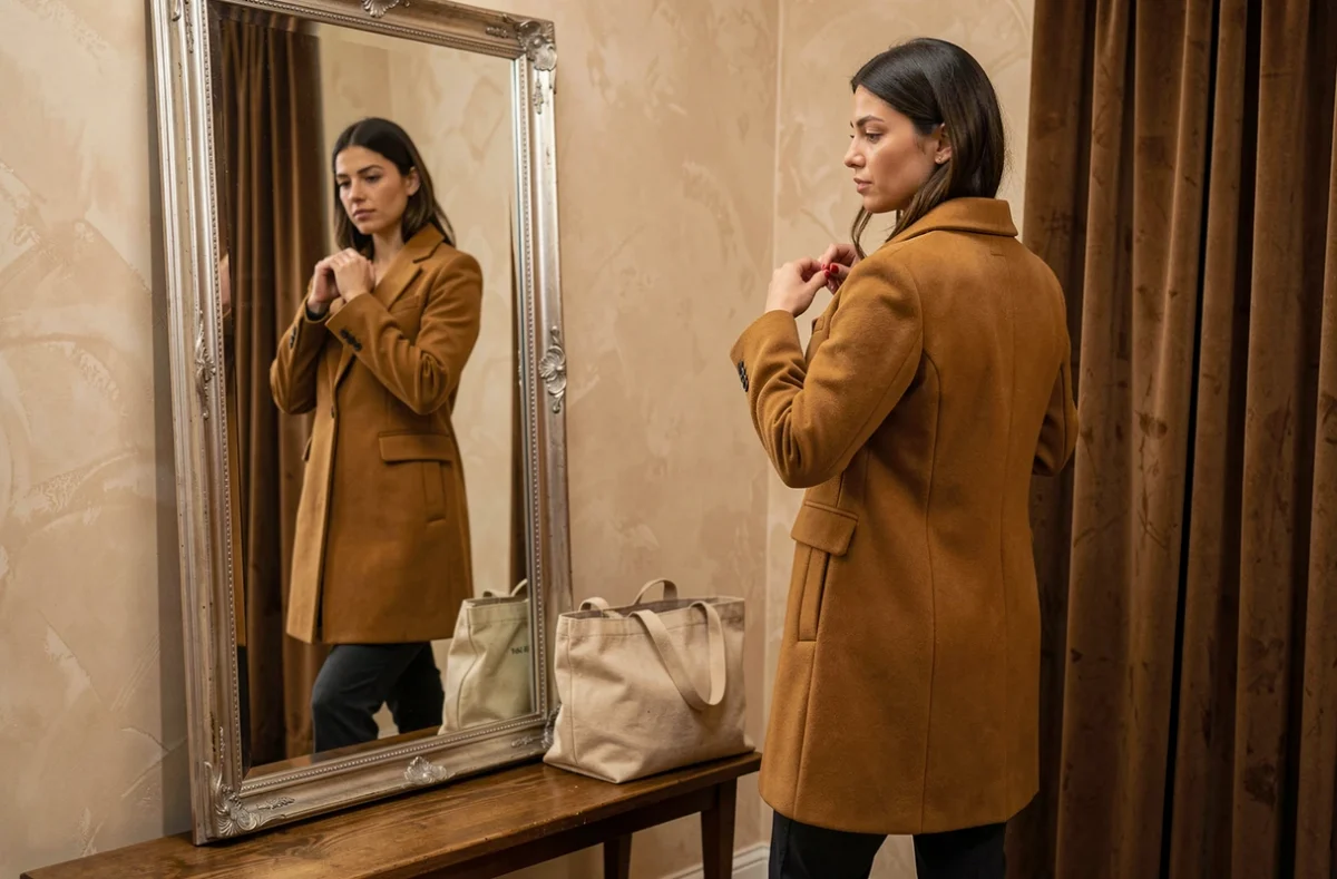 Femme essayant un manteau en laine Y coo Paris dans une cabine d'essayage, analyse du rendu et de la coupe de la collection 2026