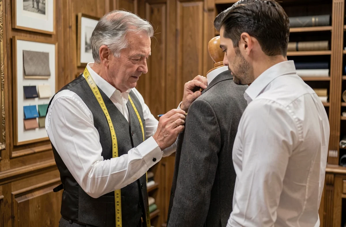 Tailleur parisien prenant les mesures d'un client pour un costume sur-mesure à l'ancienne chez Faubourg Saint-Sulpice