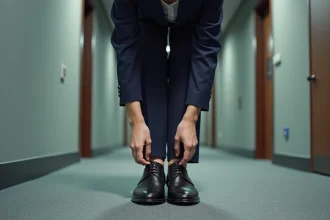 Jeune femme d'affaires ajustant ses semelles dans ses chaussures