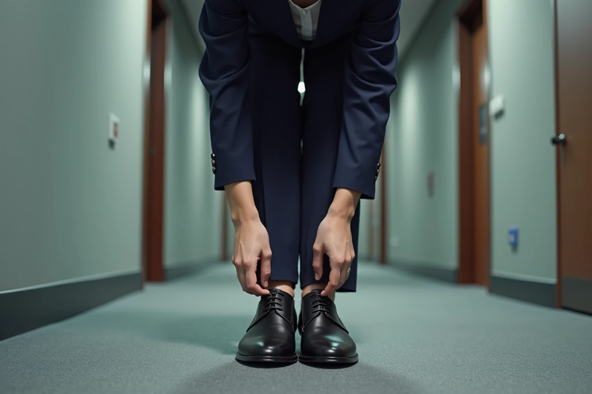 Jeune femme d'affaires ajustant ses semelles dans ses chaussures