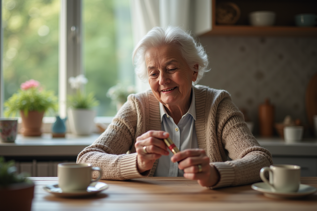 Femme âgée souriante examine son rouge à lèvres