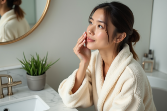 Jeune femme appliquant fond de teint visage naturel