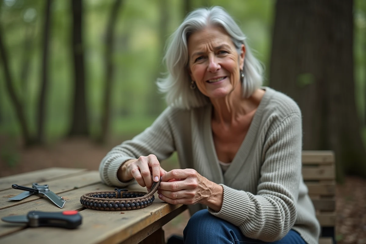 Femme analysant un bracelet paracord en extérieur