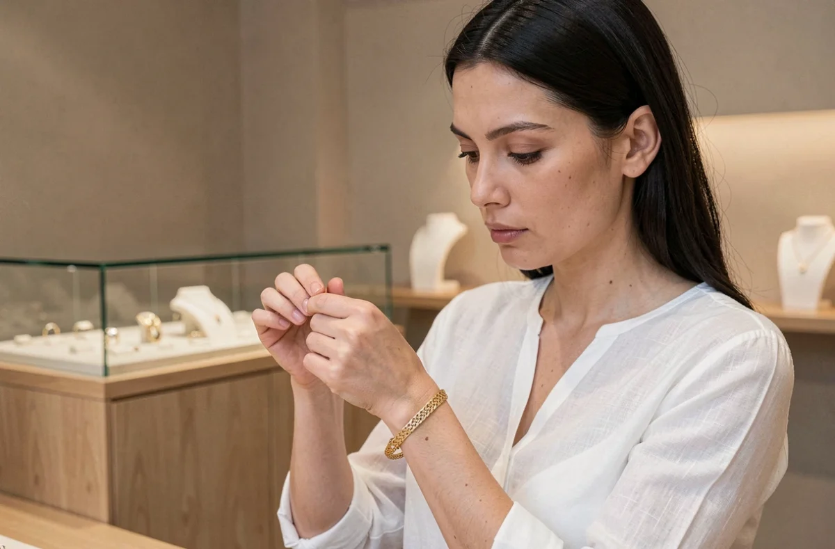 Femme examinant un bracelet plaqué or dans une boutique de bijoux moderne, guide d'achat plaqué or
