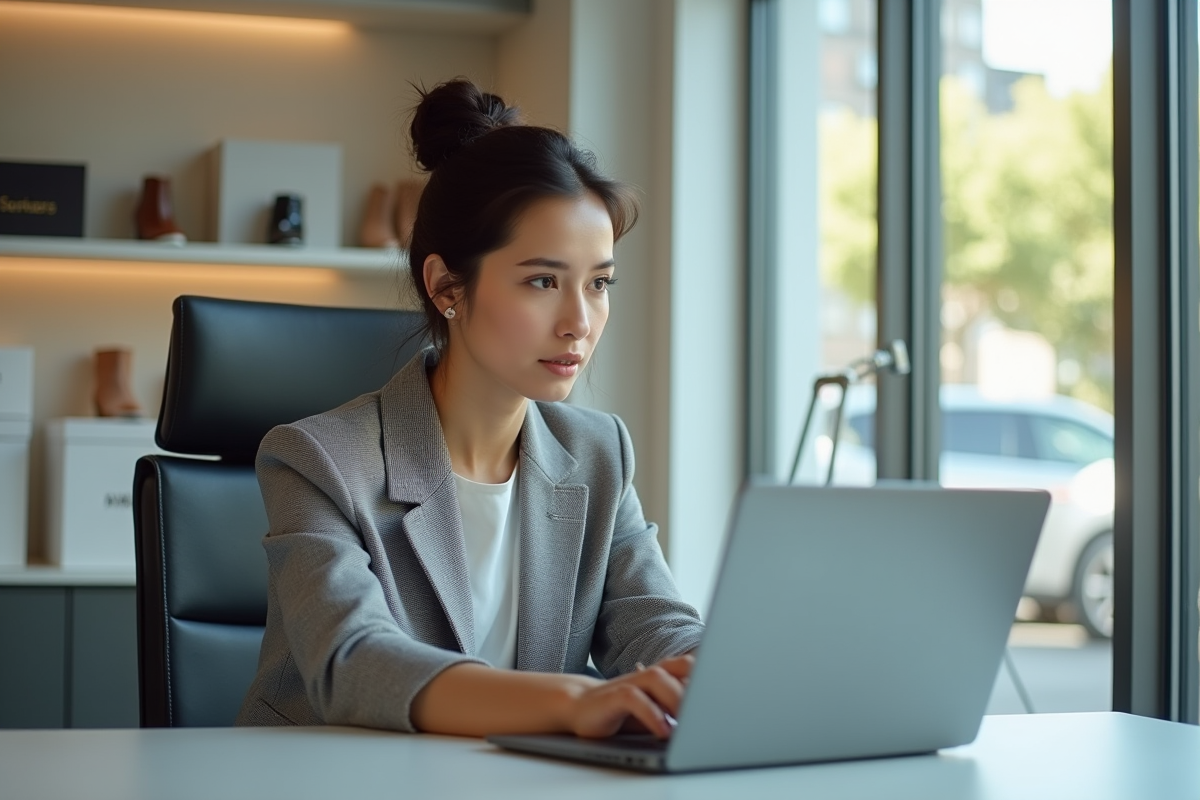 Femme concentrée dans un bureau moderne pour ecommerce