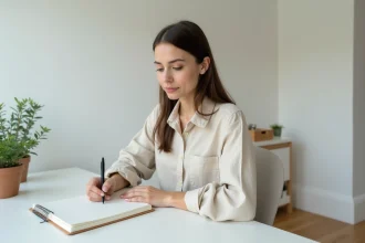 Femme concentrée écrivant dans un carnet dans un bureau minimaliste épuré, symbolisant le blogging intentionnel et la création de contenu minimaliste