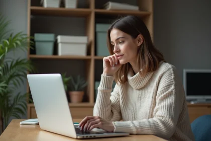 Femme au bureau organisé et calme avec ordinateur portable