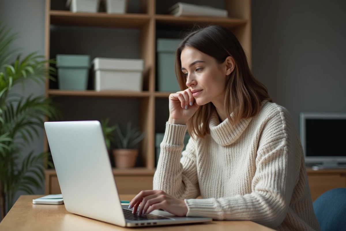Femme au bureau organisé et calme avec ordinateur portable