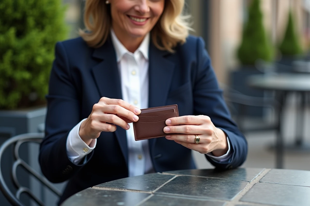 Femme d affaires sortant portefeuille dans un café urbain