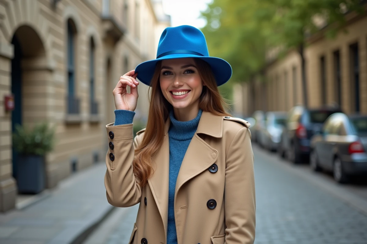 Femme élégante en trench beige et chapeau feutre bleu