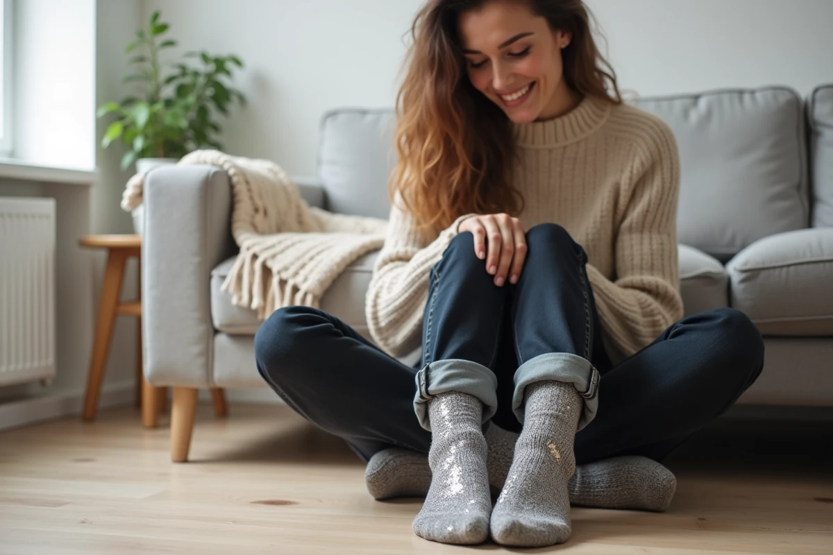 Jeune femme portant des chaussettes paillettes argentées avec un jean dans un salon scandinave