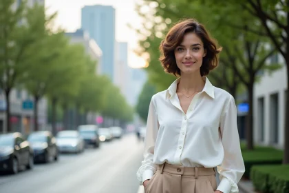 Femme élégante en ville avec blouse blanche et pantalon