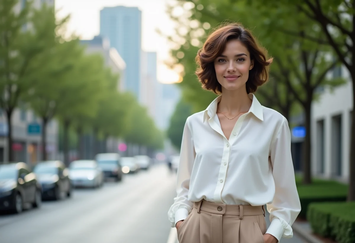 Femme élégante en ville avec blouse blanche et pantalon